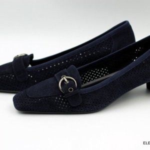 Stuart Weitzman Navy Suede Perforated Pumps 7 M Square Toe Slip On Heels Shoes